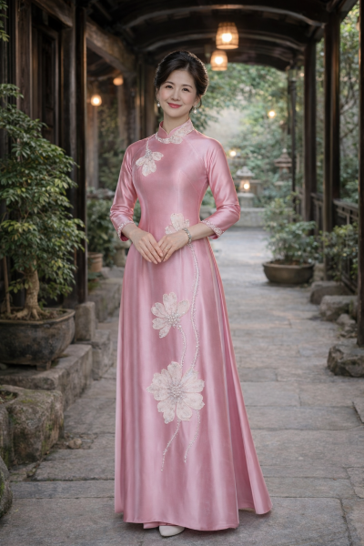 Áo dài bà sui màu hồng đính kết họa tiết cánh hoa (L, XL)