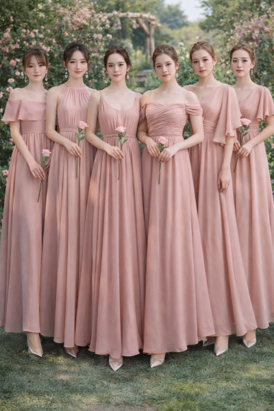Đầm phù dâu màu hồng pastel 6 kiểu