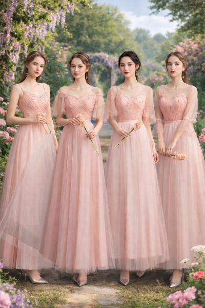 Đầm phù dâu màu hồng 4 kiểu tay công chúa