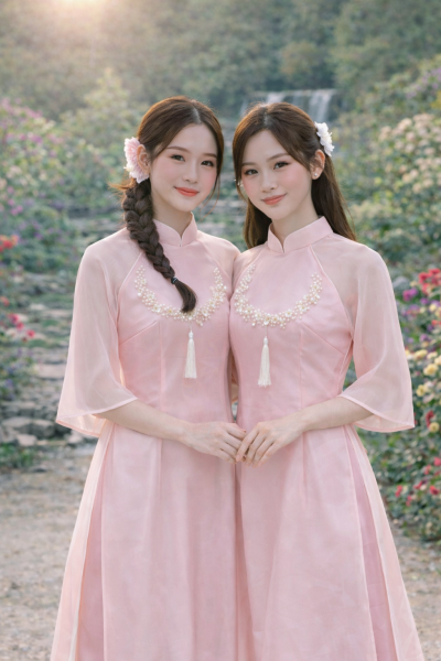 Áo dài bưng quả màu hồng kết vòng tròn ngọc trai tua rua