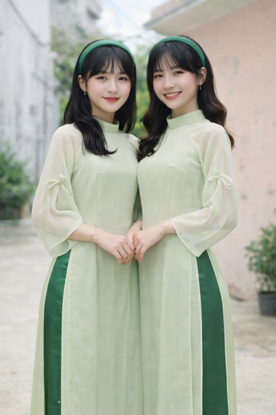 Áo dài bưng quả nữ màu xanh cốm tay loe