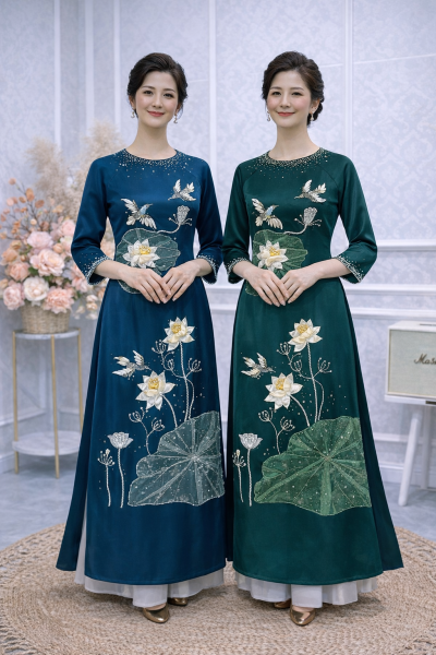 Áo dài bà sui cổ tròn đính kết họa tiết hoa sen trắng phối vàng (2X, 3X)