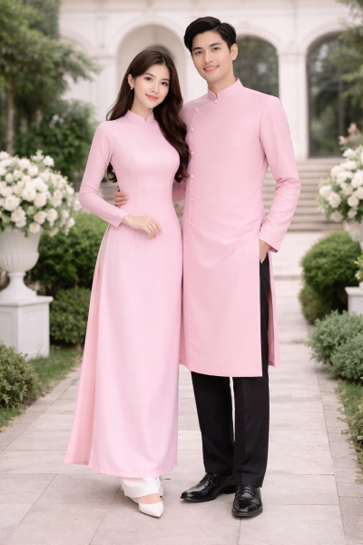 Cặp áo dài bưng quả hồng pastel tay dài truyền thống