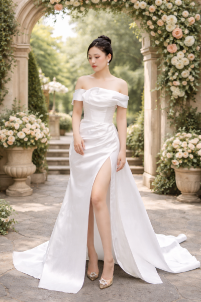 Váy cưới cô dâu màu trắng kèm đuôi cá choàng phi trơn