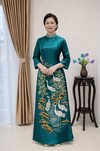 Áo dài bà sui màu xanh hoa tiết sơn mài ép đá pha lê (XL)