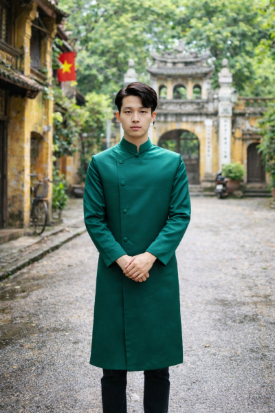 Áo dài bưng quả nam xanh lá đậm
