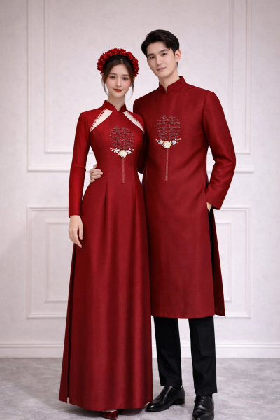 Cặp áo dài cưới màu đỏ đính đá chữ hỷ pha lê