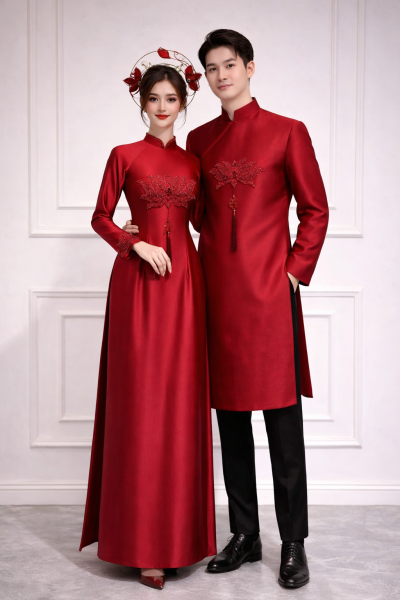 Cặp áo dài cưới màu đỏ đô kết pha lê hoa sen chữ hỷ đôi