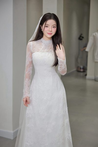 Áo dài cưới cô dâu màu trắng ren cao cấp tay dài