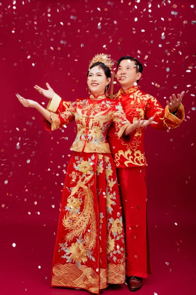 Cặp áo khoả Trung Hoa thêu họa tiết rồng phụng chỉ vàng