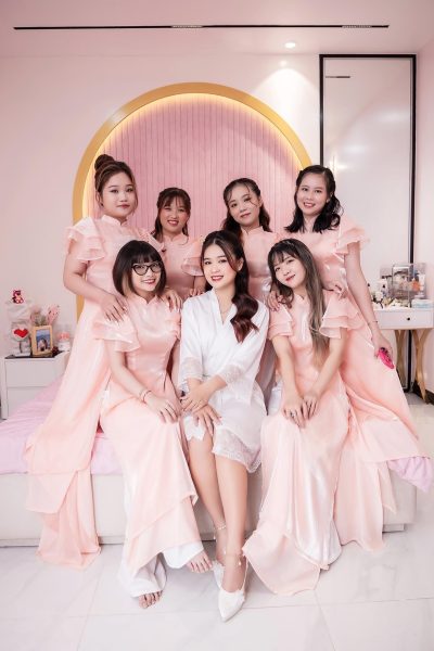 Áo dài bưng quả màu hồng cam tay phồng có bigsize 90kg