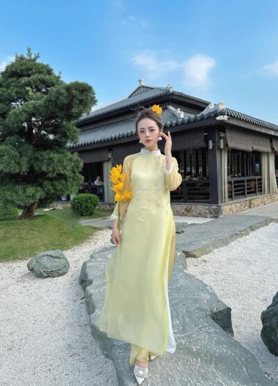 Áo dài bưng quả nữ màu vàng cách tân đính kết hoa ngọc