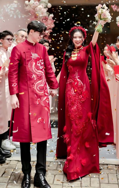Cặp áo dài cưới thiết kế họa tiết Thiên Long - Ngọc Khổng cao cấp
