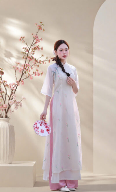 Áo dài bưng quả màu trắng thêu hoa tulip hồng