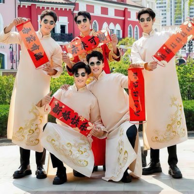 Áo khỏa bưng quả nam trung hoa màu kem cách tân