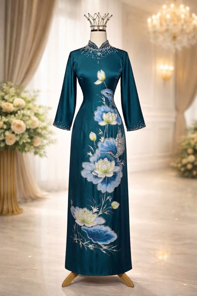 Mẫu áo dài bà sui màu xanh cổ vịt phối họa tiết hoa sen xanh đính đá (XL, 2X, 3X)