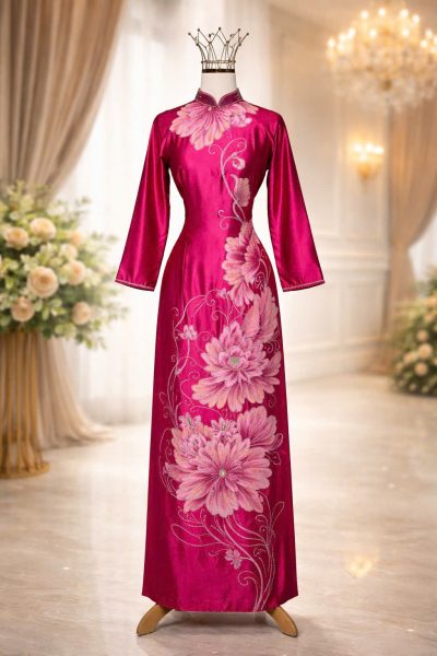 Mẫu áo dài bà sui màu hồng sen vẽ họa tiết hoa hồng đính đá pha lê (2X)