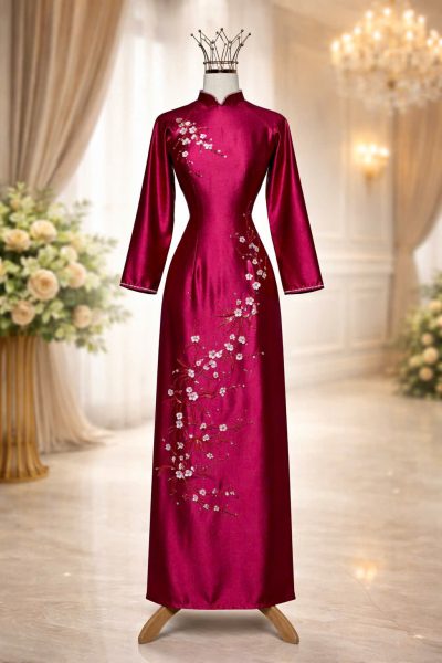 Mẫu áo dài bà sui màu đỏ rượu lụa safiar đính kết hoa mai trắng (L)
