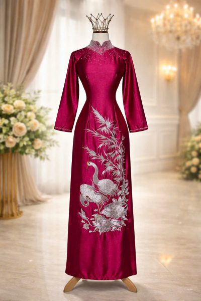 Mẫu áo dài bà sui màu đỏ rượu thêu họa tiết hạc trắng đính đá lấp lánh (L)