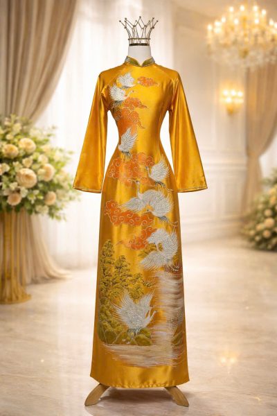 Mẫu áo dài bà sui màu vàng vẽ tranh hạc trắng kết đá pha lê bigsize 75kg (3X)