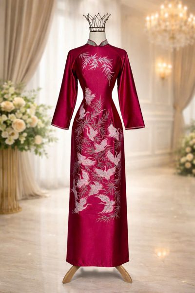 Mẫu áo dài bà sui màu đỏ rượu vẽ hạc trắng phối đá bigsize 75kg (3X, 4X)