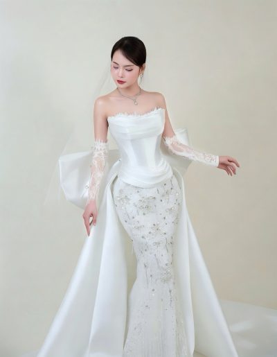 Váy cưới cô dâu đuôi cá đính kim sa charm nơ kèm đuôi phi trơn dài