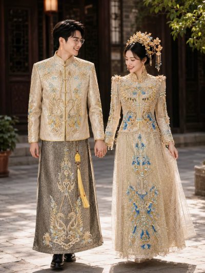 Mẫu áo khỏa cưới trung hoa màu kem Kim Loan Ngọc Phụng cao cấp
