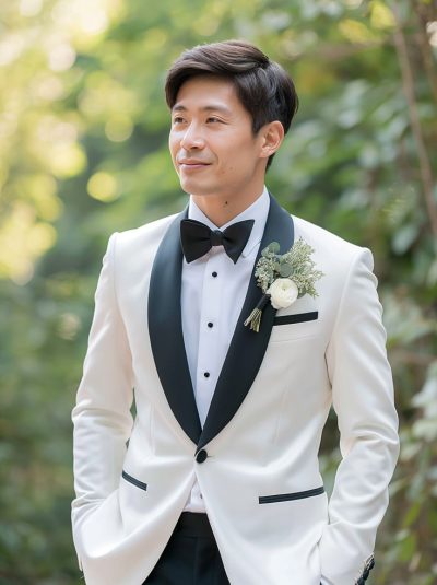 Vest nam màu trắng phối cổ viền đen