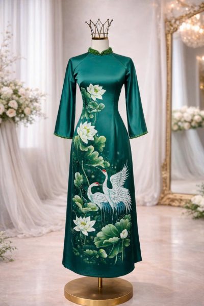 Mẫu áo dài bà sui màu xanh lá vẽ họa tiết hoa sen hạc trắng (XL)