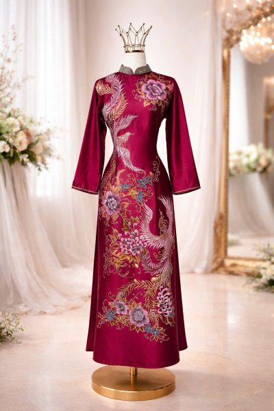 Mẫu áo dài bà sui màu đỏ rượu phối họa tiết phụng hoàng song long (2X)