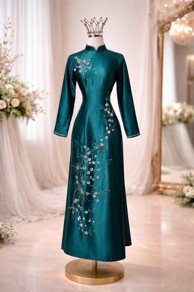 Mẫu áo dài bà sui màu xanh kết hoa nhí pha lê (XL)