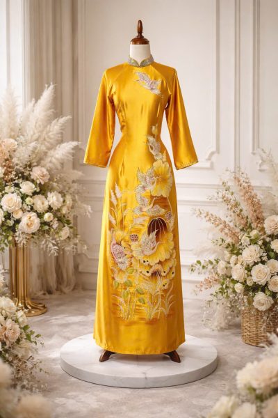 Mẫu áo dài bà sui màu vàng vẽ họa tiết hoa hướng dương đính đá (3X)