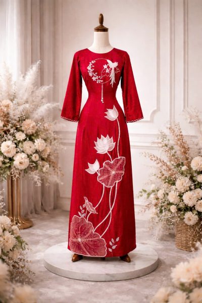 Mẫu áo dài bà sui màu đỏ cổ tròn đính kết họa tiết hoa sen trắng (2X)