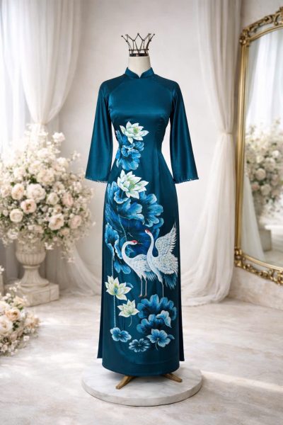 Áo dài bà sui màu xanh cổ vịt vẽ sơn mài đính cườm họa tiết hoa sen xanh (XL, 2X)