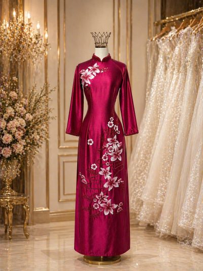 Áo dài bà sui màu đỏ rượu vẽ kết họa tiết hoa lan trắng (2X)