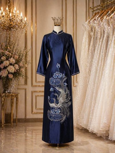 Áo dài bà sui màu xanh than thêu kết họa tiết long phụng bigsize (3X)
