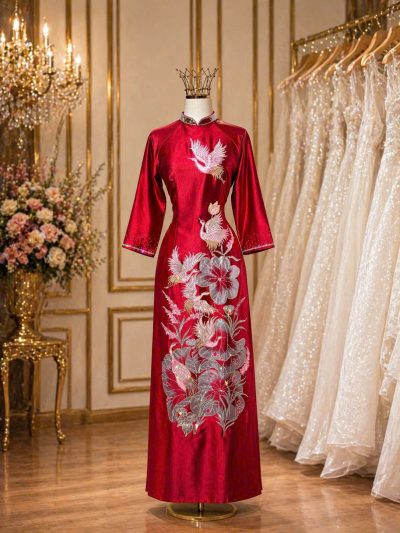 Áo dài bà sui màu đỏ vẽ họa tiết hoa sen hạc trắng đính kết pha lê (2X)