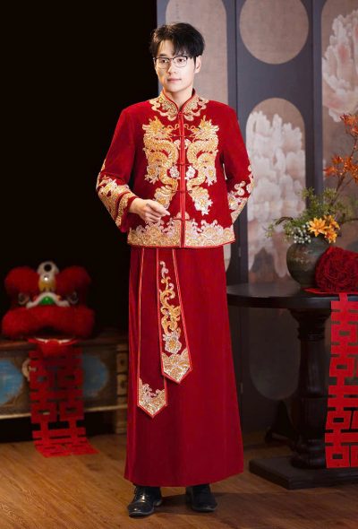 Mẫu áo khỏa chú rể trung hoa đính kết họa tiết Long Phụng Song Hỷ