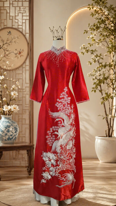 Áo dài bà sui màu đỏ thêu họa tiết chim phụng hoàng đính pha lê (2X)