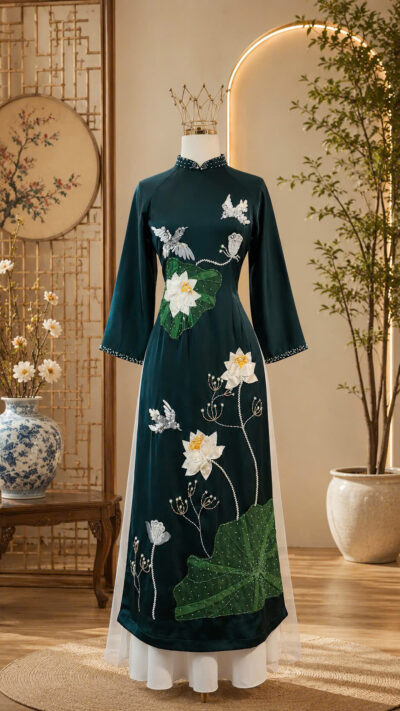 Áo dài bà sui màu xanh rêu có cổ họa tiết Liên Hoa (2X)