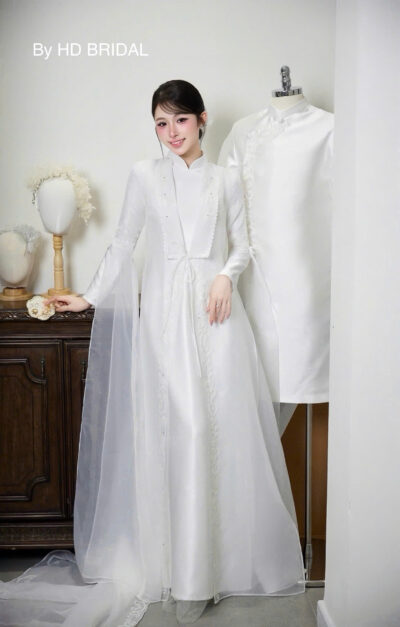 Cặp áo dài cưới dâu rể màu trắng Hạc Vũ