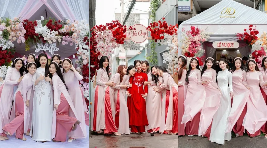 Cho thuê áo dài Quận 2 với nhiều mẫu áo dài bưng quả đồng bộ cho đội nam và nữ