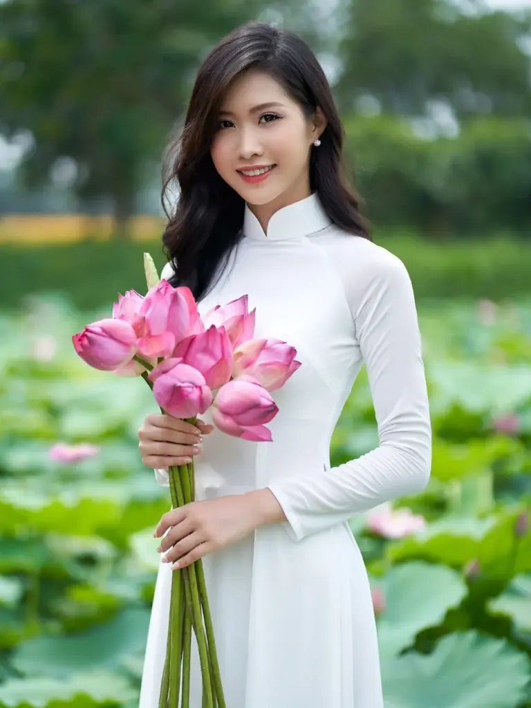 Hoa sen kết hợp áo dài tạo nên bộ ảnh dịu dàng và thanh lịch