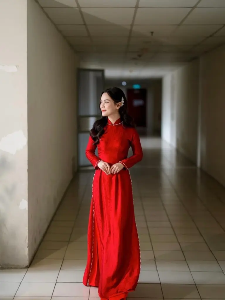 Khách hàng thử áo dài cưới tại HD Bridal phục vụ khu vực Quận 12 và TP.HCM