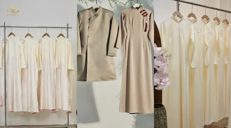 Bộ sưu tập áo dài truyền thống và áo dài cách tân đa dạng tại HD Bridal phục vụ khách thuê áo dài tại quận Tân Bình.